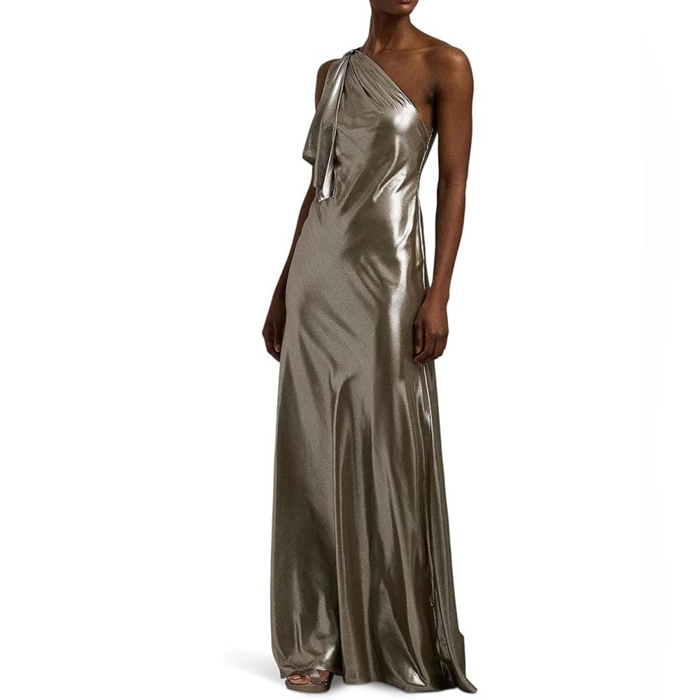 LAUREN Ralph Lauren Metallic Charmeuse One-Shoulder Gown Silver Women’s